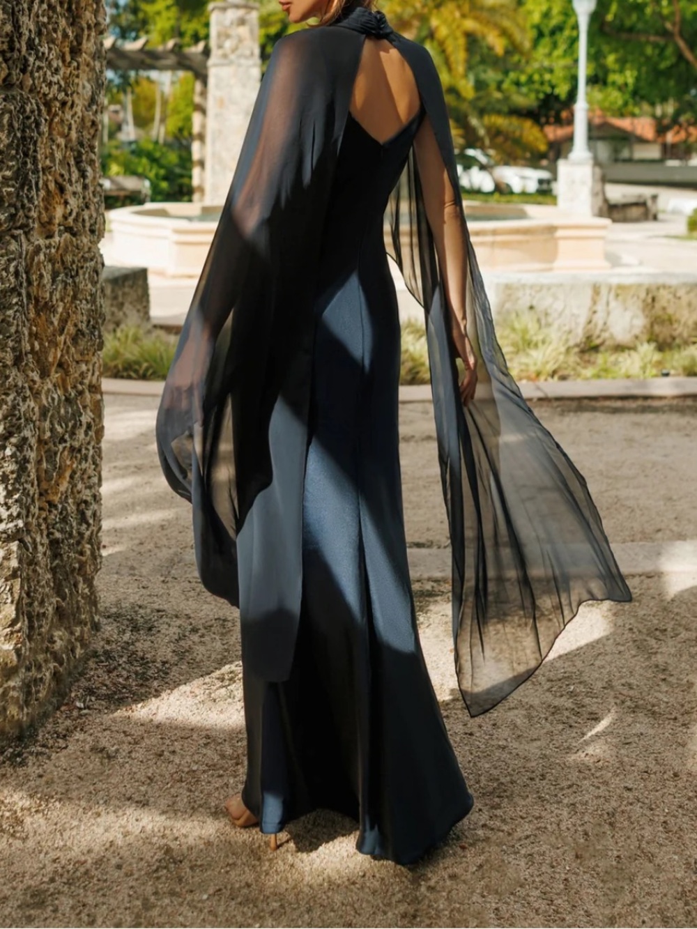 Xscape Evenings Laura Satin Gown Chiffon Overlay Sheer Shawl in Navy Blue 7521X - Picture 8 of 13